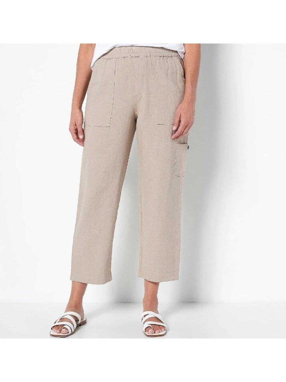 Susan Graver Crop Pant 3X Petite Pure Easy Linen Utility Flax Linen Blend Beige